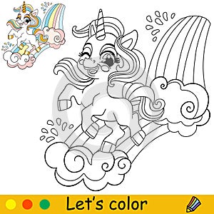 Baby cartoon cute unicorn with a rainbow kids coloring book page
