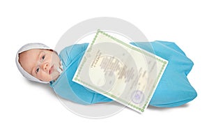 Baby with certificate of birth