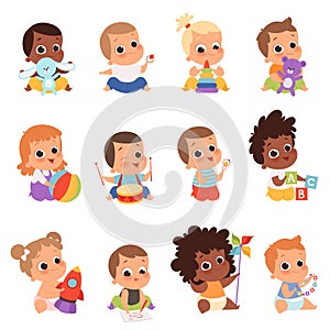 Baby characters. New born kids playing toys happy childhood small little one vector babies