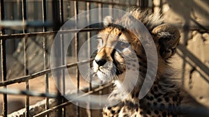 A baby cheetah is looking out of a cage