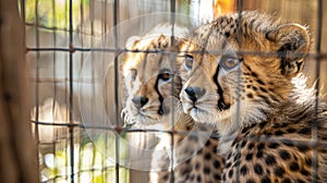 A baby cheetah is looking out of a cage