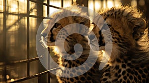 A baby cheetah is looking out of a cage