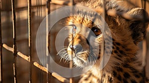 A baby cheetah is looking out of a cage