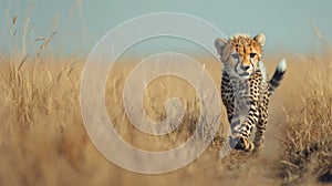 A baby cheetah running through savannah