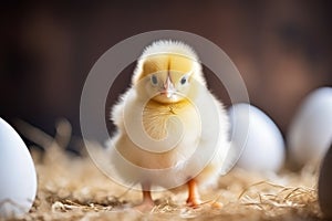A baby chick is centered in the frame, surrounded by straw and soft shadows, with a hint of unhatched eggs in the