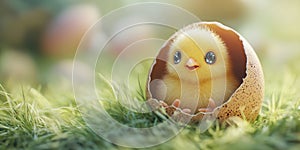 A Baby Chick Sitting Inside a Tiny Pastel Easter Egg for Spring Easter or Cute Animal Design Projects photo