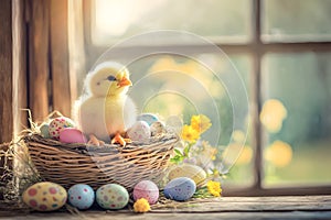 Baby Chick Standing on a Basket of Easter Eggs