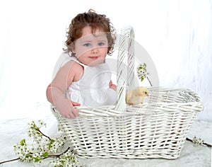 Baby and Chick in Wicker Basket