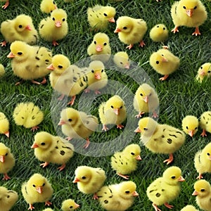 Baby Chicks on Grass Easter Theme Random Seamless Background Tile - Generative AI