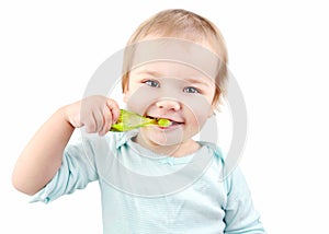 Baby child brushing teeth isoalted on white