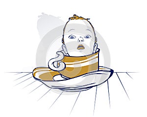 Baby child head on coffee cup