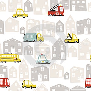 Baby City landscape with transport. Vector seamless pattern. Cartoon illustration in childish hand-drawn scandinavian style. For