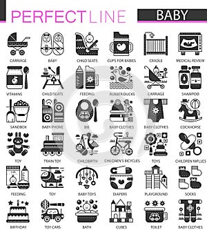 Baby classic black mini concept symbols. Baby modern icon illustrations set.