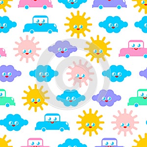 Baby cloth Cute pattern. funny sun and cloud and car cartoon style background. kids character texture. Childrens style