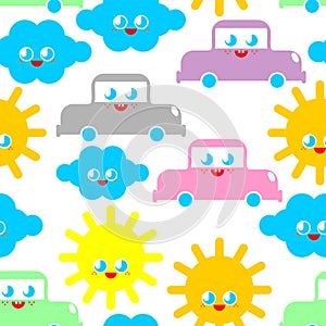 Baby cloth Cute pattern. funny sun and cloud and car cartoon style background. kids character texture. Childrens style