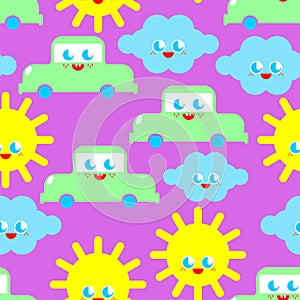 Baby cloth Cute pattern. funny sun and cloud and car cartoon style background. kids character texture. Childrens style