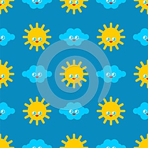 Baby cloth Cute pattern. funny sun and cloud cartoon style background. kids character texture. Childrens style