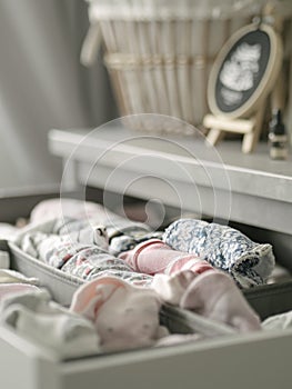 Baby clothes and bibs in a drawer with woven basket