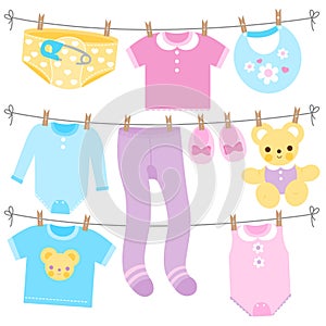 Baby clothes in blue, yellow, purple and pink colors. Vector illustration