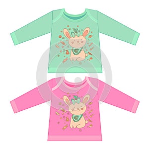 Baby clothes with cartoon animals. Sketchy little pink Bunny