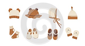 Baby clothes collection. Boho outfit. Cute little boy or girl wardrobe. Vector illustration in flat cartoon style