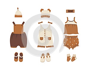 Baby clothes collection. Boho outfit. Cute little boy or girl wardrobe. Vector illustration in flat cartoon style