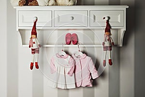 Baby clothes, concept of child fashion. Flat lay children`s clothing and accessories. Baby template background with copy