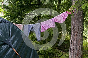 Baby clothes drying on a rope stretched from a tent to a tree on a hike in the forest. Camping life with a child.