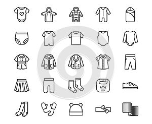 Baby clothes flat line icons set. Bodysuit, coverall, romper, buster suit, newborn nest, girl dress vector illustrations