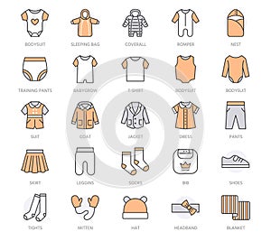 Baby clothes flat line icons set. Bodysuit, coverall, romper, buster suit, newborn nest, girl dress vector illustrations