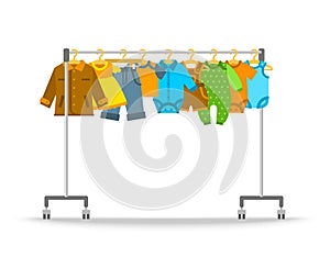 Baby clothes on hanger rack flat illustration