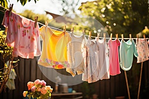 Baby clothes hanging on the clothesline in the garden at sunny day, children's colorful clothing drying, AI Generated