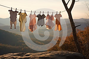 baby clothes hanging on a line with a natural backdrop