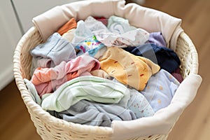 baby clothes neatly folded in a laundry basket