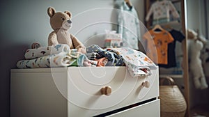 Baby clothes and rattle on wooden chest of drawers in childrens room, generative ai