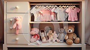 Baby clothes shoes and toys on chest of drawers in children room Stack of baby clothes generative ai