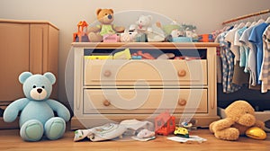 Baby clothes shoes and toys on chest of drawers in children room Stack of baby clothes generative ai