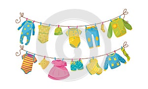 Baby Clothing Drying On Clothesline Vector Illustrations Set