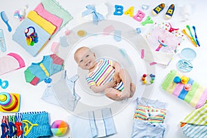 Baby with clothing and infant care items