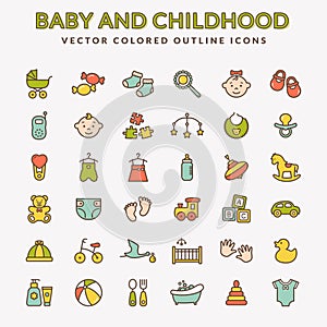 Baby colored outline icons. Vector set.