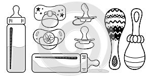 Baby coloring kit. Contour drawing. Bottle, pacifier, rattle. Baby sets. Vector black and white coloring book page.