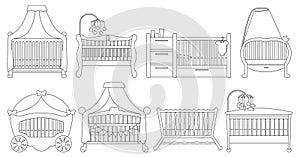 Baby cot vector illustration on white background. Vector ouline set icon crib bed. Isolated ouline set icon baby cot.