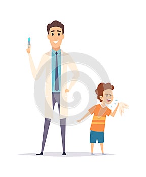 Baby coughs. Little boy and doctor. Flu virus protection, vaccination. Isolated pediatrician with syringe and ill child