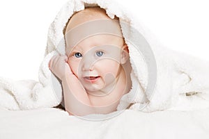 Baby Covered with White Towel, Happy Kid Boy under Blanket