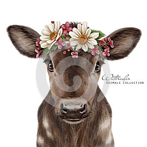 Baby cow in floral wreath.