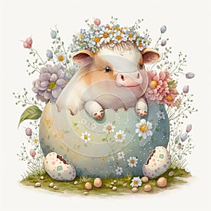 Baby Cow Poses with Soft Watercolor Florals and Easter Eggs AI Generated