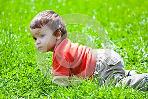 Baby crawling in grass