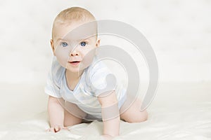 Baby Crawling on White Carpet, Infant Kid Boy Portrait
