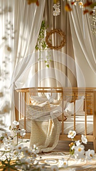 A baby crib with canopy and flowers by window, enhancing room interior design