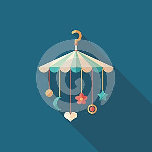 Baby crib hanging toys flat square icon with long shadows.